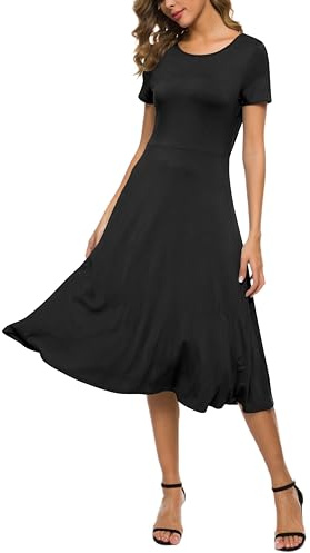 Mujeres Casual Sólida Cuello Redondo Midi Vestido Elástico Manga Corta Verano Vestido Largo