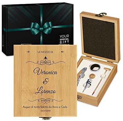Maverton Kit Accessori da Vino, Set Cavatappi da Vino Degustazione Perfetta | Personalizzato, Scatola in Legno di bambù + 4 Pezzi di Accessori Vino, Idee Regalo per Anniversario, Nozze