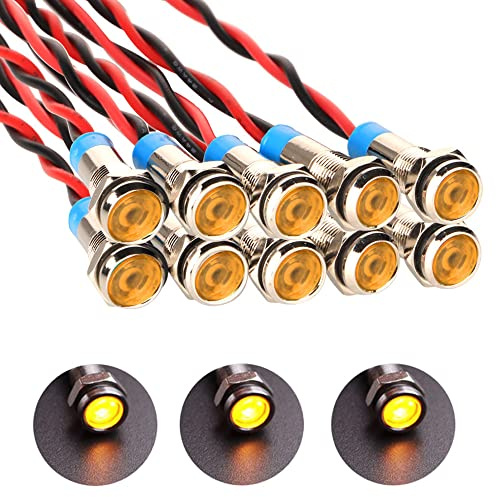 Gebildet 10pcs 6mm 1/4 AC/DC 12-24V LED Metal Indicator Light Waterproof Signal Lamp Pilot Dash Directional Car Truck Boat with Wire(Yellow)