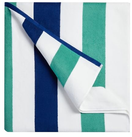 BORNBAY Bomull överdimensionerad strandhandduk – extra stor 100 x 180 cm plysch tjock poolhandduk, XL mjuk randig Cabana badlakan för vuxna män kvinnor flickor (vit blågrön blå)