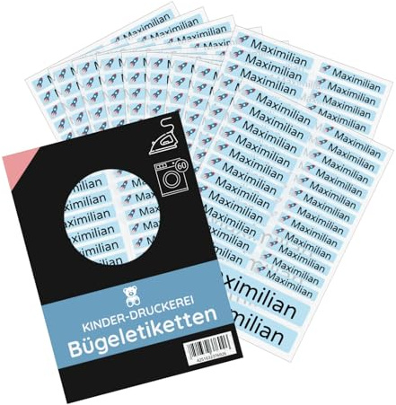 Bügeletiketten Junge mit Namen, 200 Stück personalisiert, 3 Größen, Blau | Namensetiketten für Kinderkleidung zum Aufbügeln – waschmaschinen- & trocknerfest bis 90 °C, für Schule & Kita