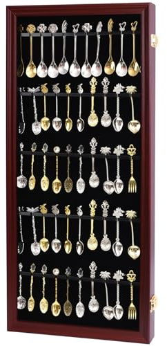 COMSREV 60 Reminder Teaspoon Display Case Collection Collector Rack Wall Mounted Wood with 98% UV Acrylic Door Lockable (60 Spoons - Cherry)