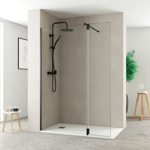 Puerta de Ducha Abatible de 35cm para Completar Fijo de Ducha | Panel de Ducha Abatible de Protección Pivotante de 35cm para hacer más Grande un Fijo de Ducha Ya Instalado | Negro Mate