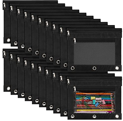 IKAYAS 20 Pack Black Pencil Pouch bulk 3 Ring Binder Pouch with Zipper, Pouch Bags for Classroom bulk Pencil Box Case for Storing School Students Teacher Supplies