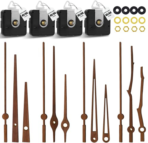 DEEWISH 4er Set Walnussholz-Uhrzeiger mit 18 mm Schaft 4 leisen Quarz-Uhrwerken ohne Ticken, passend als Ersatz für 30–36 cm Uhren