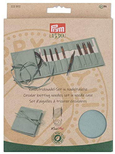 Prym 223802 Rundstricknadel Set Natural | 5 Holznadelpaare (Größen 3,5–8 mm) mit 3 Seilen & Zubehör | Nachhaltiges Etui aus Baumwolle | Glatte Nadeln für müheloses Stricken | Farbe: Petrol/Natural