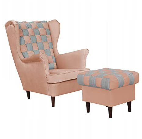 Family Meble Ohrensessel mit Hocker Scandinavian Modell Carol Duo | Elegante Polsterung mit Flechteffekt | Zwei Stofffarben | Klassisches Design | Bequemer Sessel zum Entspannen | Holzbeine