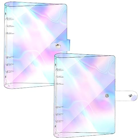 A5 Ringpärmar 2 stycken transparent ringpärmar av PVC, påfyllningsbar 6 ringar ringpärm med fodral, regnbåge anteckningsbok planerare pärm för lösa blad skola kontor hushåll
