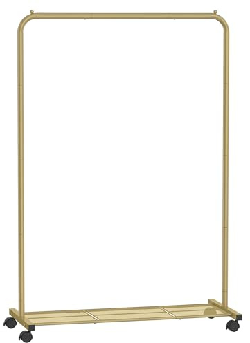 SONGMICS UHSR025A01 Portant à vêtements avec roulettes, pour suspendre les vêtements, 25,4 mm, avec étagère de rangement en maille dense, capacité de charge de 50 kg, 2 freins, doré