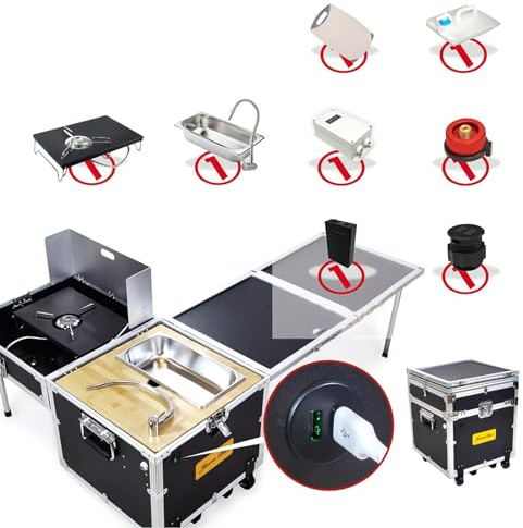 WOLWES Campingküche Mit Herd und Spüle Camping Box Mit Rollen Campingtisch Faltbar Outdoor Küche für 2~4 Personen Camping Set (Size : Smart Version)