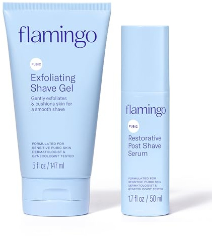 Flamingo Pubic Hair Shaving Skin Care Set, Exfoliating Shaving Gel for Women 5 fl oz with Restorative Post Shave Serum 1.7 fl oz