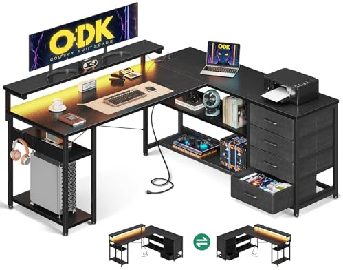 ODK L Shaped Corner Desk with Drawers, Power Outlet & LED Lights, 135×110cm | Gaming Computer Desk with Storage, Socket, Monitor Shelf, Reversible Design for Home Office Workstation, Study, Black
