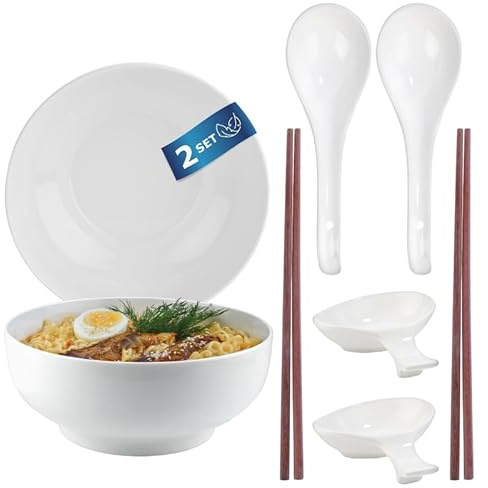 Urban Lifestyle Ramen skål set av porslin Ø 17,5 cm varm vit – 2 ramenskålar, 2 ramenskedar, 2 dippskålar och 2 par ätpinnar – som ramen-set, salladsskål, müsliskål och soppskålar