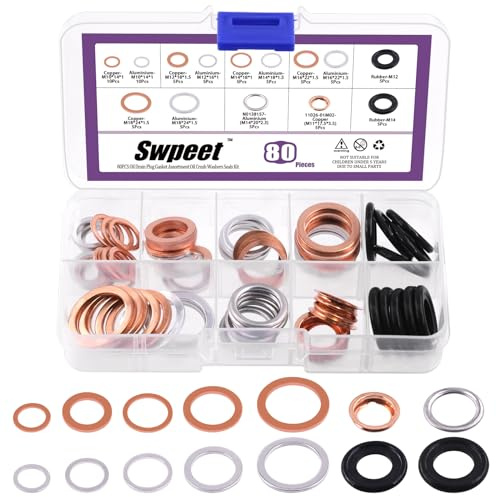 Swpeet 80Pcs 14 Types Oil Drain Plug Gasket Assortment Kit, Aluminum/Copper/Rubber Oil Crush Washers Seals Kit Compatible with Toyota Honda Subaru VW Audi Mercedes Benz