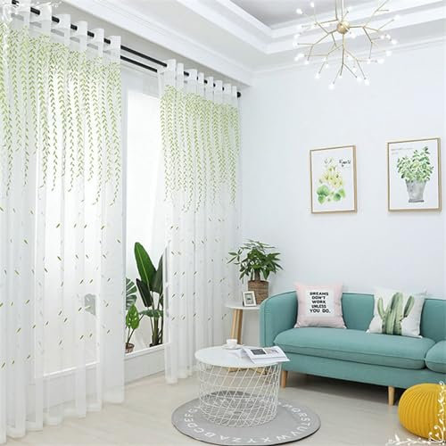 Bishilin Vorhänge mit Ösen 2er Set, Gardinen Lichtdurchlässig Weiß Landhausstil Jacquard mit Grün Weidenblätter Muster 107x244CM Vorhänge Halbtransparent Wohnzimmer Schlafzimmer Kinderzimmer
