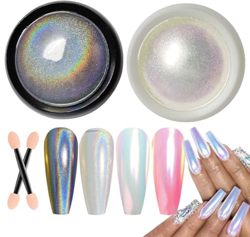 2 Stück Chrome Nagelpulver Set- Neon Effekt Iridiszent Nägel Chrome Pulver, Holographische Nagel Glitter Pulver Nail Art Staubspitze Maniküre Pigment