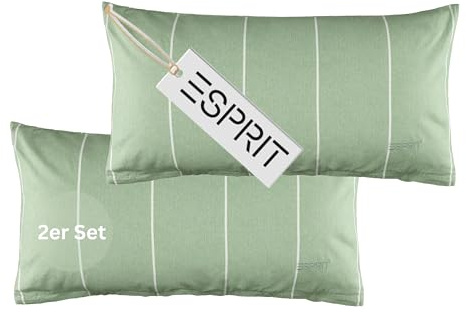 Esprit Home 2er Set Premium Kopfkissenbezug 40x80 Baumwolle - Grün - 2teilig - Kopfkissenbezüge mit Esprit-Logo gestickt - Doubleface - farblich passend zur Bettwäsche mit Reißverschluss