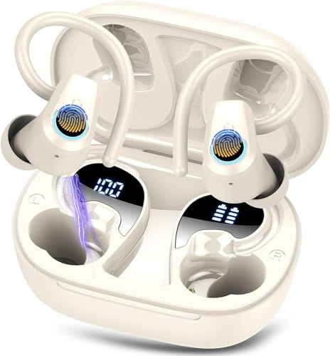 Cuffie Bluetooth Sport, 2025 Auricolari Bluetooth 5.3 con 4 ENC Cancellazione Rumore Mic, 50 Ore Cuffie Wireless HiFi Stereo, IP7 Impermeabili, Ricarica Rapida, Cuffiette Bluetooth per Running Bianco