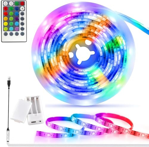 Vomkela Led Streifen Batterie 3 Meter,8 Modi Led Streifen Selbstklebend, 90 Led Strip mit Fernbedienung Timer für Wohnzimmer,Bar,Party (led streifen colour, 5M)