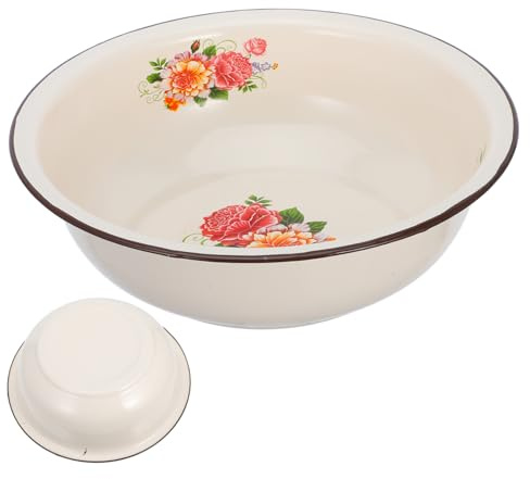 Ciieeo Vintage Enamel Mixing Bowl 30cm Retro Enamel Fruit Basin Thickened Household Kitchen Dough Bowl Floral Pattern