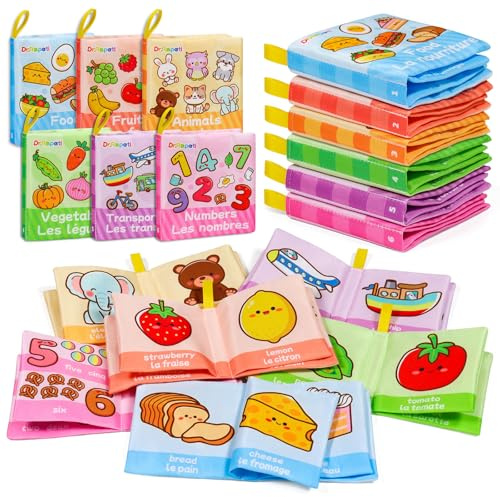 Dr.Rapeti Set di 6 Libri Morbidi Francese, Libri di Stoffa per Bambini, Libro di Stoffa Morbida, Educativi Sensoriale in Tessuto Libro, Libri Tattile per Bambini