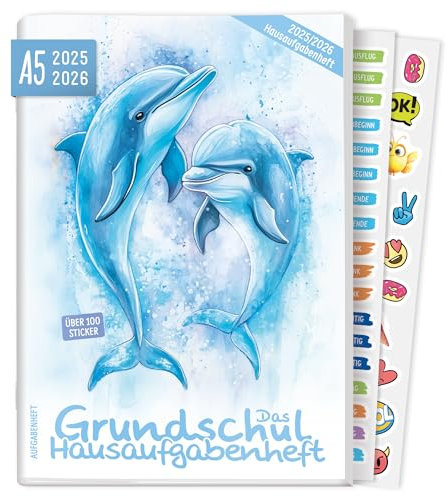 Häfft® Hausaufgabenheft Grundschule 2025/2026 A5 Delfine Das Grundschul-Hausaufgabenheft inkl. Lerntipps, Sticker, Denkspiele - nachhaltig & klimafreundlich