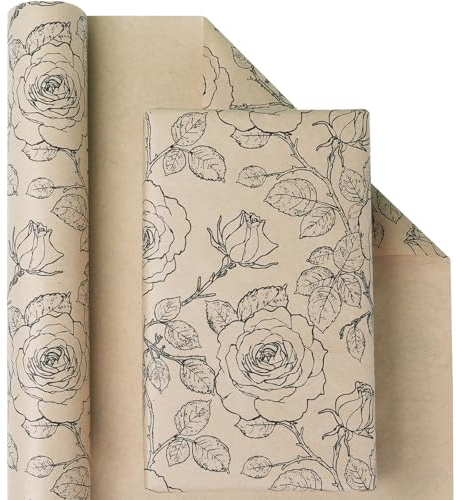 Geschenkpapier Kraftpapier Rolle, Recycling Geschenkpapier vintage Blumen Floral, Retro Schwarz Rose Geschenkpapierrolle für Frauen Mädchen, Geschenkverpackung Papier für Geburtstag, Party, 43CM X 10M
