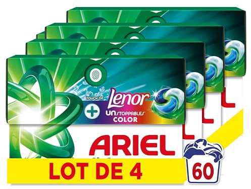 Ariel Pods 4en1, Lessive en Capsules, Avec Une Touche De Lenor Unstoppables, 60 Lavages (15x4), 7 Jours De Fraîcheur Longue Durée, Dissolution Rapide Même à Froid, Fabriqué en France