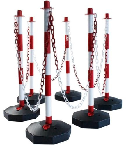 6er Set Absperrpfosten Rot-Weiß mit 22 m Kette – Absetzpfosten aus robustem Kunststoff für Innen & Außen – Begrenzungsposten, Absperrband, Verkehrssicherung