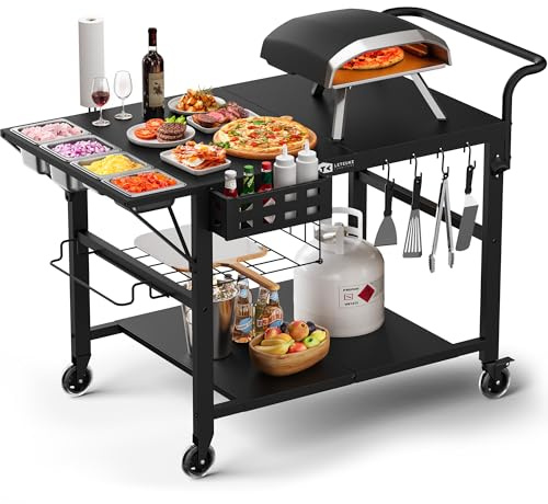 Leteuke Carrello da tavolo per pizza per piastra Blackstone, supporto per forno per pizza da esterno, adatto per piastra Ninja, Cuisinart, Gozney, Solo Stove, BBQ Prep Table Station con vassoio