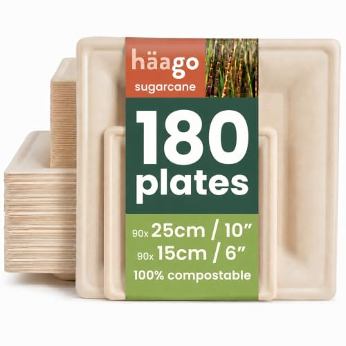 HAAGO 180 Kompostierbare Zuckerrohr Teller, 90 × 26 cm & 90 × 15 cm Eckig – Stabile, Fett- & Auslaufsichere Pappteller – Biologisch Abbaubare Einwegteller, Partyteller für Heiße & Kalte Speisen