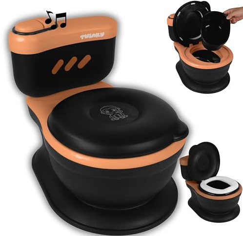 Twinky® Pot pour bébé et enfant - Potty Trainer 3 en 1 - Toilettes pour bébé - Avec son chasse d'eau - Design compact - Musique et porte-rouleau - Siège de toilette parfait pour les enfants - Noir