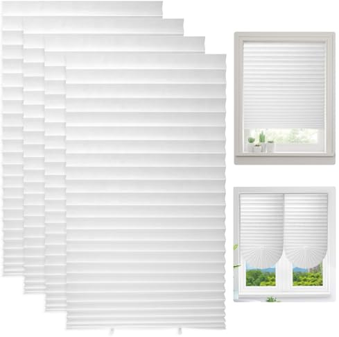 4 Pcs Stick on Blinds for Windows, Temporary No Drill Blinds, Non Woven Pleated Blind for Kitchens, Bathrooms, Bedrooms, Terraces (White, 60W *150H cm)