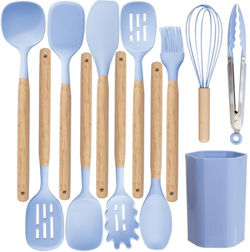 Küchenhelfer Set,12 Stück Silikon Kochutensilien Kochbesteck Set,Hitzebeständiger Kochgeschirr mit Utensilienhalter,Antihaft Kochset Küchenutensilien Spülmaschinengeeignet (Blau,B)