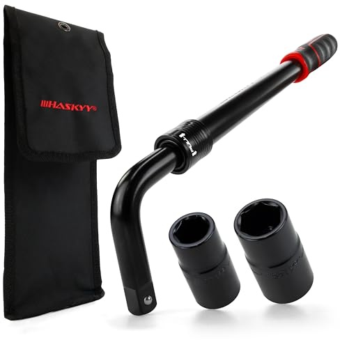 HASKYY Set di chiavi telescopiche per dadi ruota 355 – 530 mm allungabili 1/2 pollici azionamento 17/19 mm e chiave a bussola 21/23 mm, con custodia, coppia di torsione 665 Nm