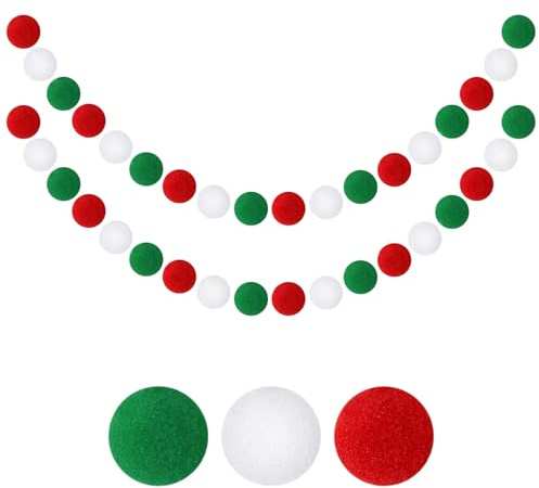 Pompom Girlande, 2 Stück 2M Filz Girlande Weihnachten, Weihnachtsdeko Girlanden, Weihnachtsdekorationen, Filzkugeln Weihnachten, für Baum Wand Kamin Dekoration (A)