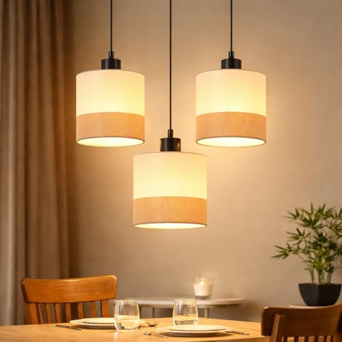 CBJKTX Pendelleuchte Esstisch Hängelampe Vintage Hängeleuchte 3 flammig | Esstischlampe Weiß Stoffschirm E27 Retro Esszimmerlampe Hängend Pendellampe für Wohnzimmer Küche (ohne Leuchtmittel)