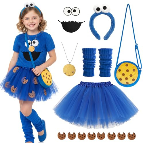 ZJKUBOIS 7 Stück Monster Kostüm Kinder, Inkl. Monster Haarreif, Blau Tüllrock, Cookie Halskette, Cookie Rucksack, Blau Beinstulpen und Deko, Krümelmonster Kostüm Mädchen für Karneval Fasching Cosplay