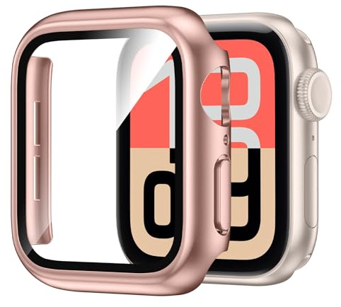 Kamita Vattentätt fodral för Apple Watch Series SE 3/SE 2/SE/6/5/4 44 mm, hårt PC-stötdämpande fodral med skärmskydd av härdat glas, stötsäkert full kropp, skyddsskal för iWatch 44 (roséguld)