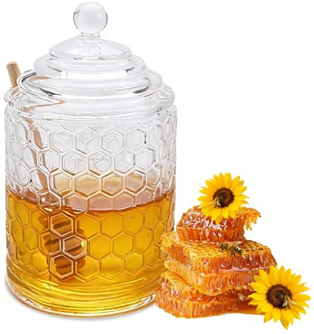 WPPQWP Honigglas Dip Honigspender 300ml Honigtopf mit Löffel, Tischdekoration für Honig, Marmelade, Sirup, Leicht zu reinigen, hinterlässt keine Rückstände (1, Wabenstruktur)