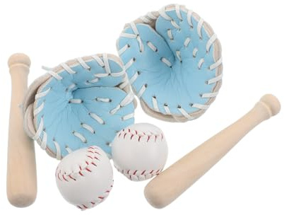 KICHOUSE Mini Kit Baseball 2 Sets 2 Mini Battes 2 Balles Blanches et Moufles Bleu Clair Accessoires Décoratifs pour Maison de Poupée Loisirs Créatifs et Présents Thématiques Baseball