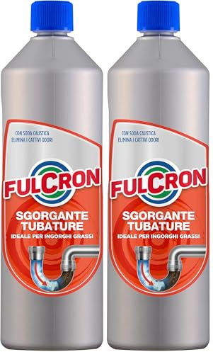 Fulcron 2559 Sgorgante Tubature, Stura scarichi rapido e Sicuro, Disotturante per Ogni Tipo di residuo, Formula disgorgante Adatta a WC, Lavabi, Doccia e Bidet, Incolore, 1L, 1 pezzo (Confezione da 2)