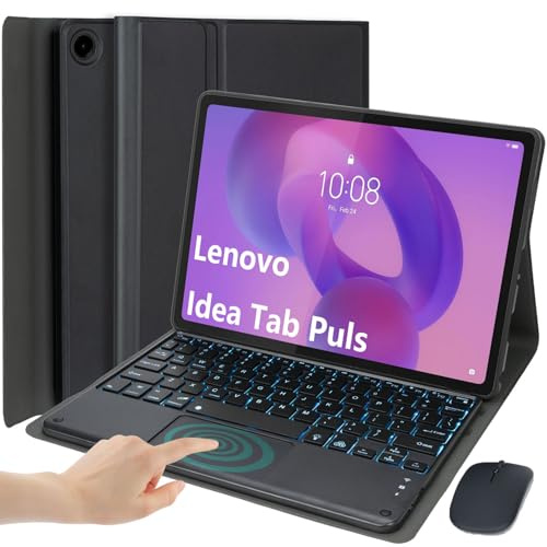 EHLCYS Custodia con Tastiera per Lenovo Idea Tab Plus 12,1 Pollici/Tab K12 2025 (TB361ZU/TB361FU), Tastiera Touchpad Staccabile Retroilluminata 7 Colori, Cover Ultrasottile con Mouse,Nero