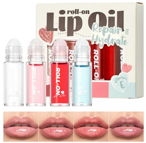 Juego de 4 aceites de brillo para labios, cuidado revitalizante, brillo de labios hidratante, práctico para viajes y como regalo para mujeres y niñas