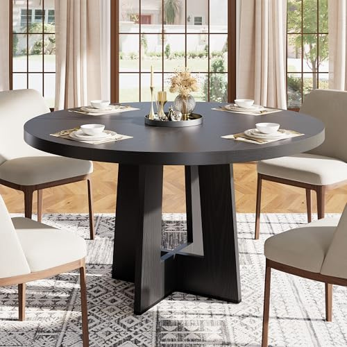 Garvee 47 Round Dining Table for 4-6 People - Circle Kitchen Dinner Table with Sturdy Pedestal Base, Space Saving Dinning Room Furniture for Living Room, Kitchen, Apartment, Black