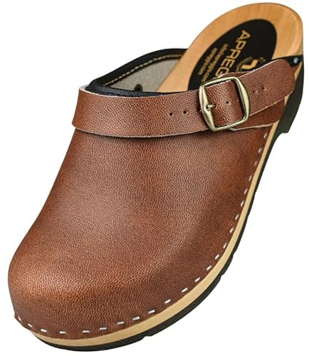 APREGGIO Damen Holz Clogs Holzschuhe aus Leder Praktische Gartenclogs | Praktische Gartenclogs – Ergonomische Damen Lederclogs - Rutschfeste Gummisohle - Licht - 5 cm Blockabsatz