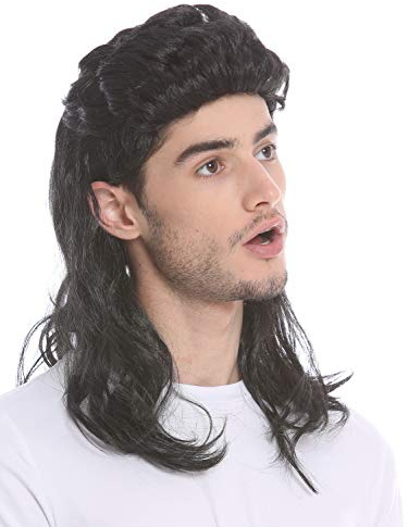 WIG ME UP - H20-P103 Perruque Dame Homme Carnaval Halloween Coupe mulet Noir crêpé années 80 beauf