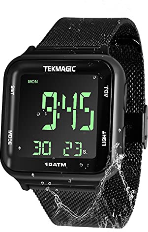Reloj Resistente al Agua 10 ATM 100m por Natación Correa Acero Inoxidable con Funciones de Despertador, Cronómetro, Doble Zona Horaria, Calendario, Formato 12/24 Horas Seleccionable, Negro Pulsera