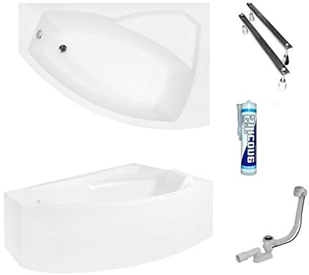 ECOLAM Badewanne Eckbadewanne Acryl Rima weiß 140x90 cm RECHTS + Schürze Ablaufgarnitur Ab- und Überlauf Automatik Füße Silikon Komplett-Set