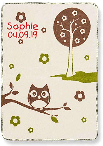 SL-Store GbR Babydecke mit Namen Datum Bestickt Decke 75x100 cm Einstein Eule Baum Blume Blumen Geschenk zur Taufe zur Geburt Kinderdecke Kuscheldecke